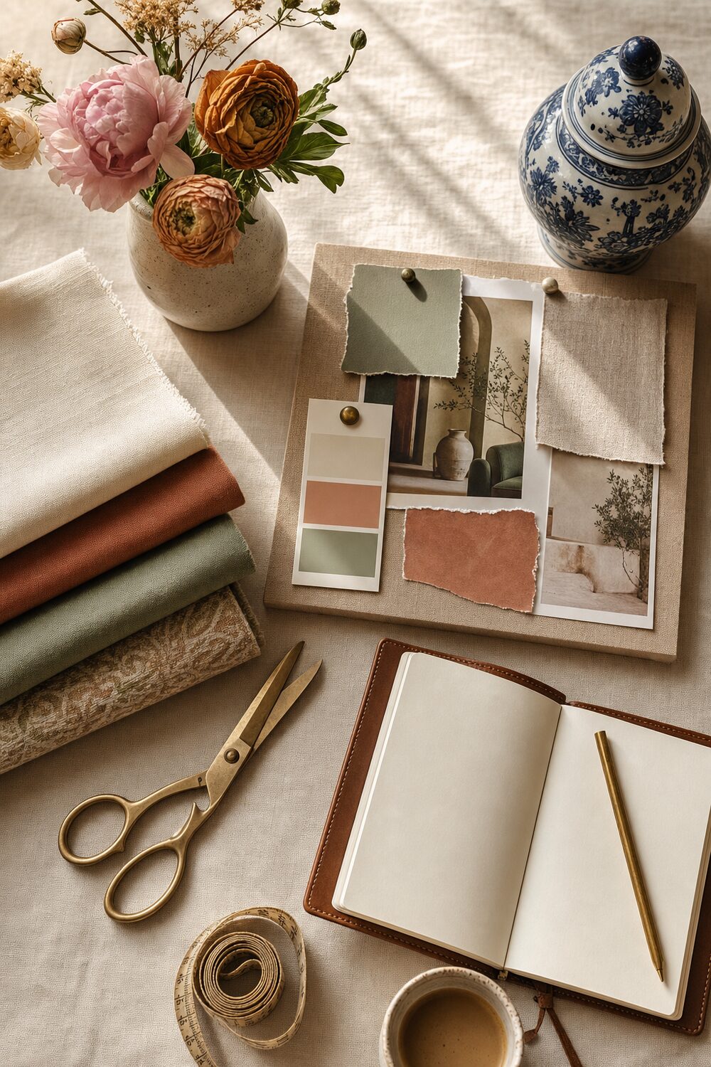 A designer's bright workspace with fabric swatches, mood boards, and fresh flowers on the Central Coast