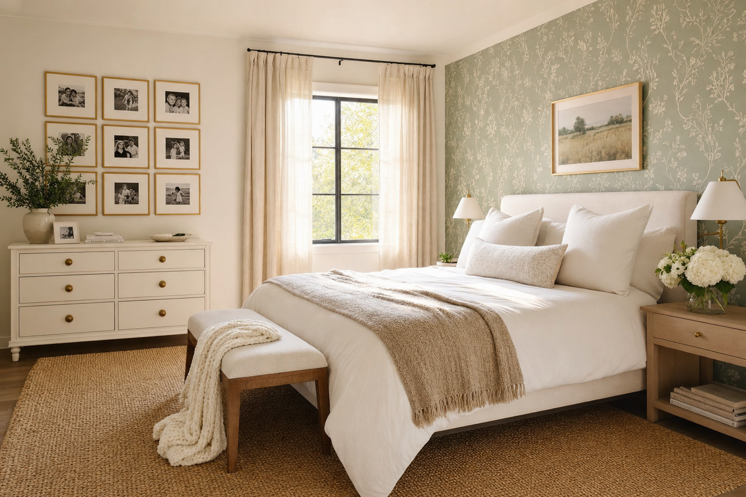 A redesigned bedroom with gallery wall and botanical wallpaper