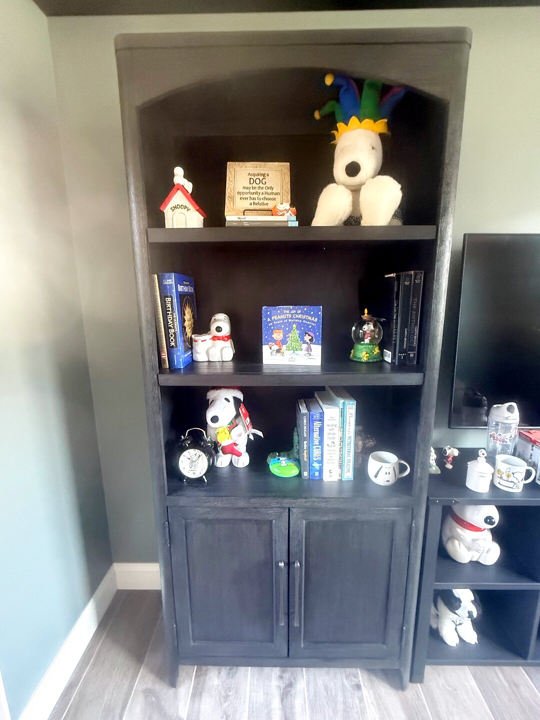 Arched display bookcase filled with Snoopy figurines, plush toys, and Peanuts books