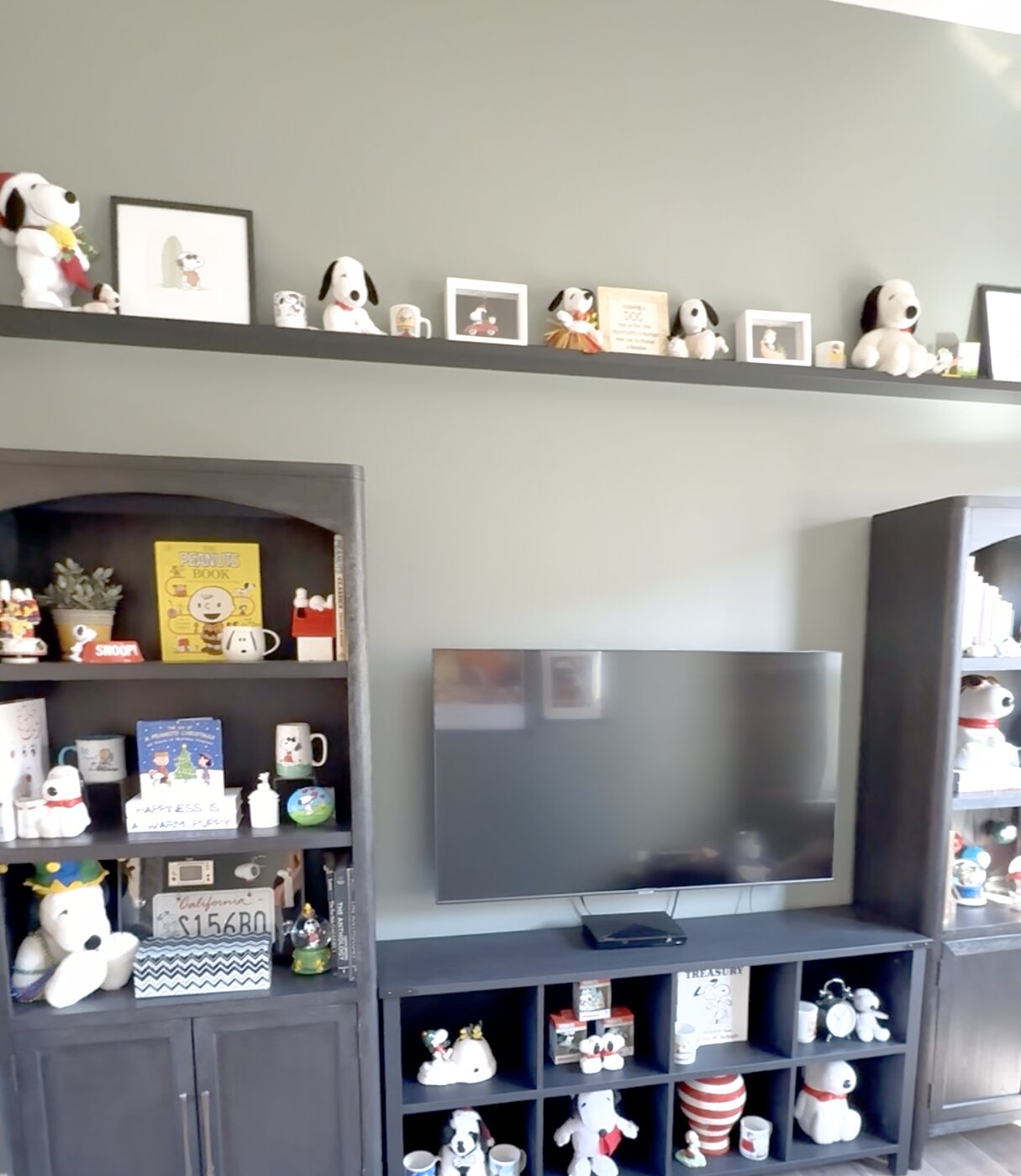 Straight-on view of the completed Snoopy media wall — display bookshelves flanking the console beneath a floating shelf on sage green walls