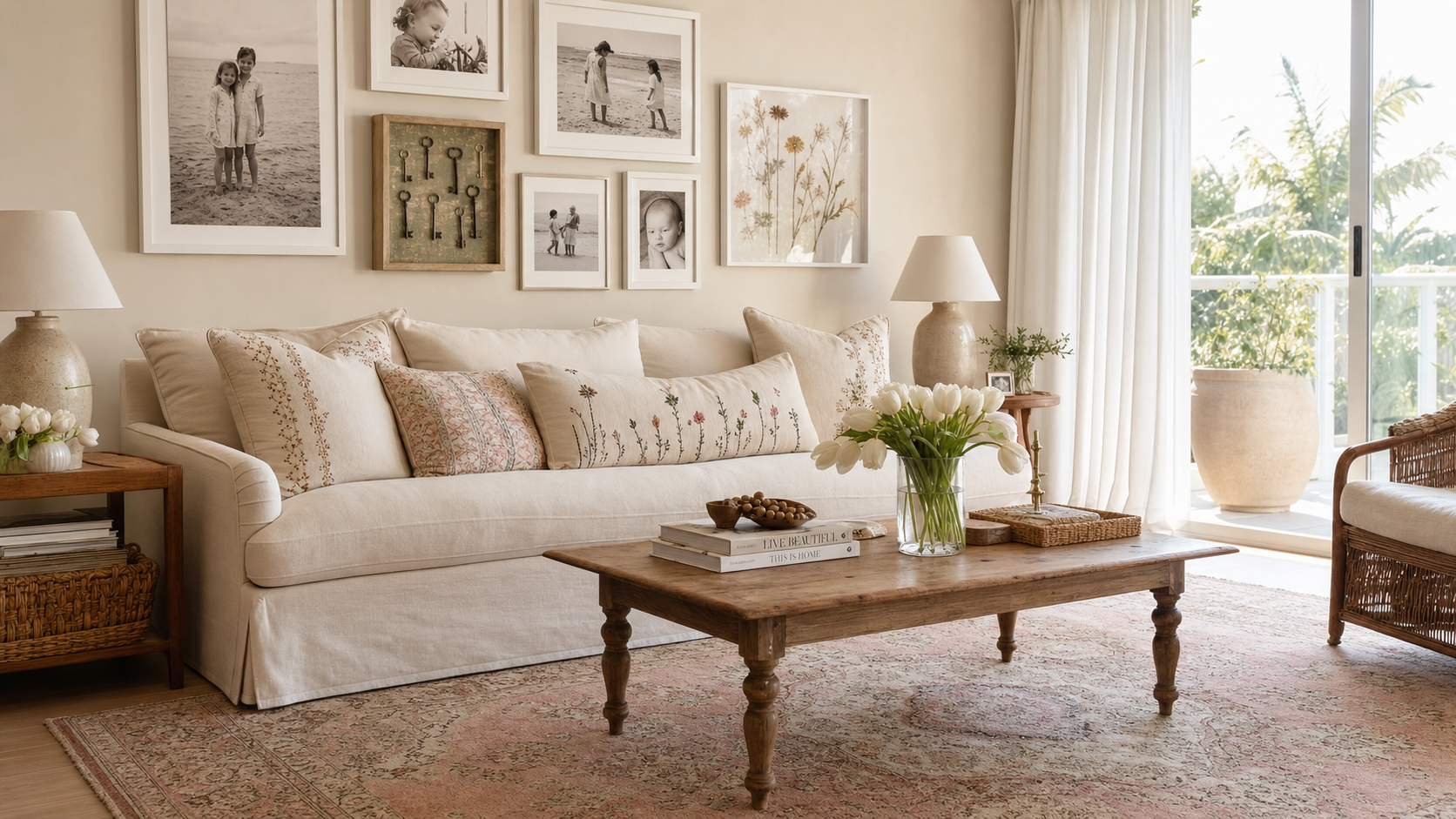 A beautifully redesigned Central Coast living room with gallery wall, personal keepsakes, and fresh flowers