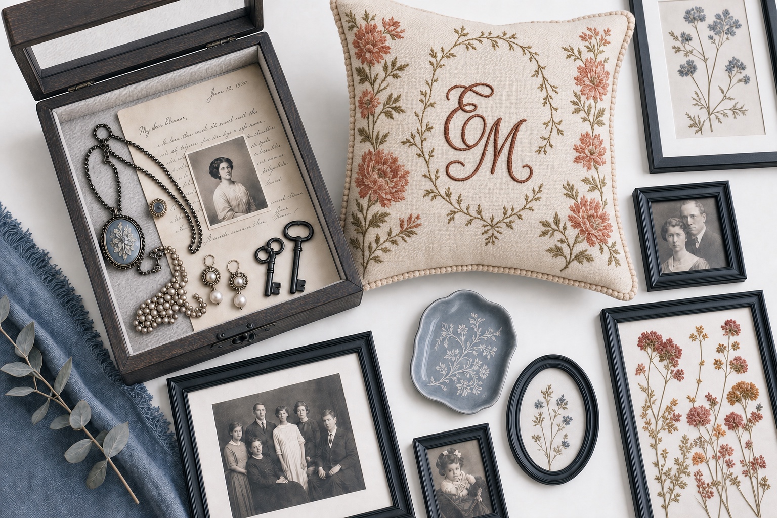 A beautiful flat lay of personal keepsakes including a shadow box, custom embroidered pillow, vintage frames, and family photographs