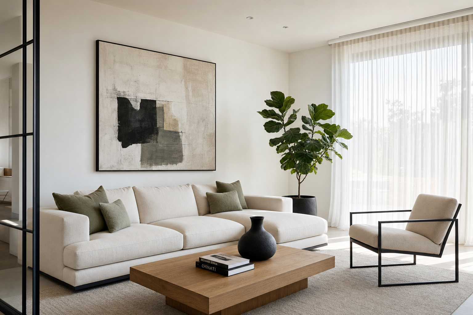 A sleek modern living room with clean lines, abstract art and warm natural light